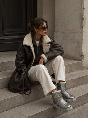 DWRS Metallic Silver Leather Ankle Boots Shearling Lined Platform Lug Sole 10.5